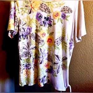 🦊Chico’s Spray of Sunshine Floral Purple & Yellow Short Sleeves Side Tie Tee M.